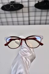 Bordo Kırmızı Cat Eye Kemik Şeffaf Kadın Erkek Unisex Mavi Işık Korumalı Ekran Gözlüğü Gözlük