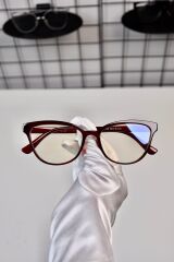 Bordo Kırmızı Cat Eye Kemik Şeffaf Kadın Erkek Unisex Mavi Işık Korumalı Ekran Gözlüğü Gözlük