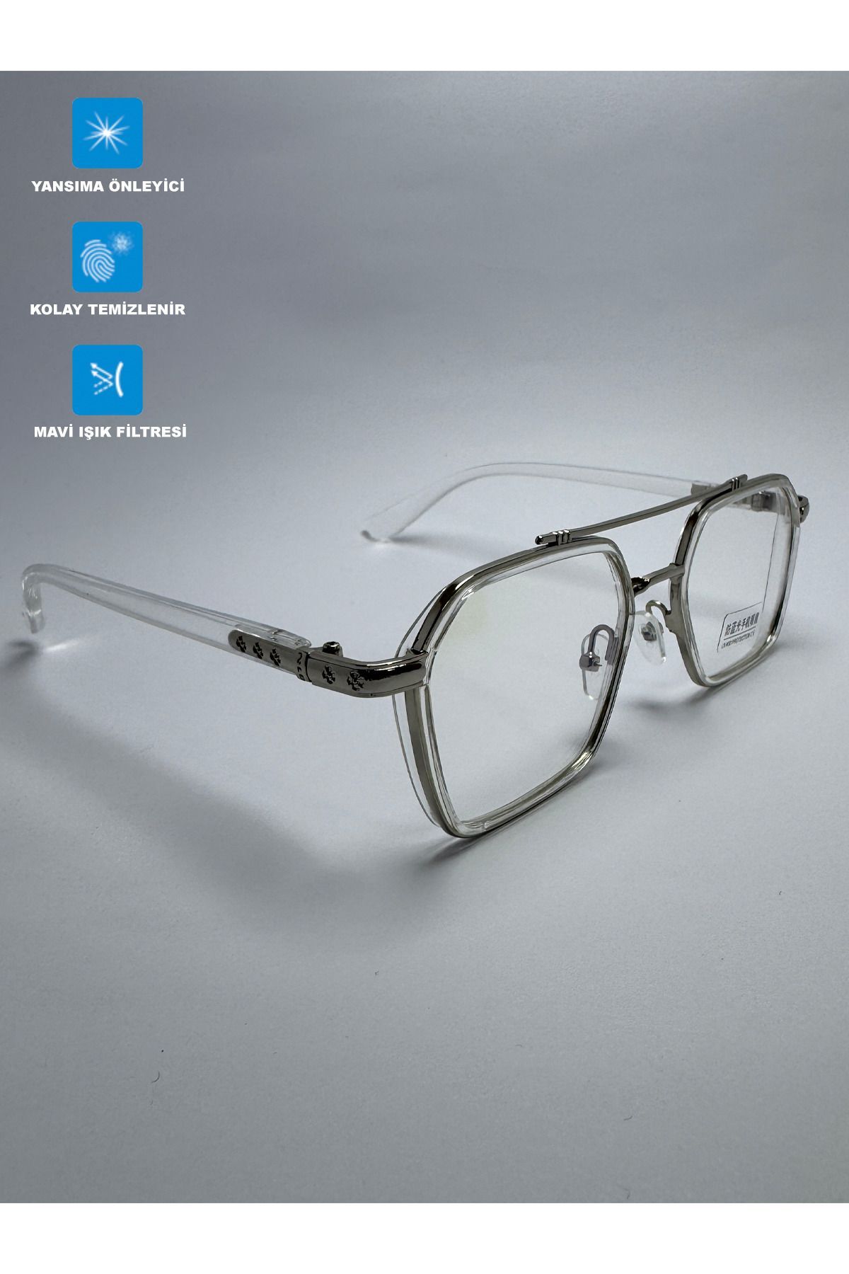Vitrum Şeffaf Köşeli Lüks Unisex Şeffaf Camlı Mavi Işık Korumalı Gözlük