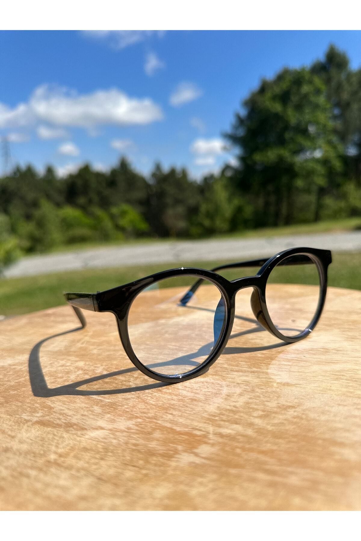 Siyah Kalın Yuvarlak Unisex Şeffaf Camlı Mavi Işık Koruyucu Gözlük